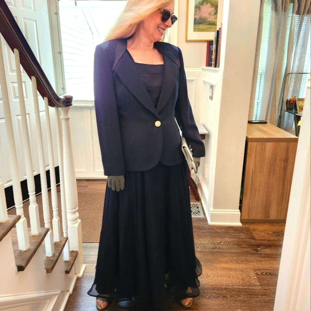 Andre Raphael Alta Moda Navy Silk Gown and Jacket, Size 10, $150